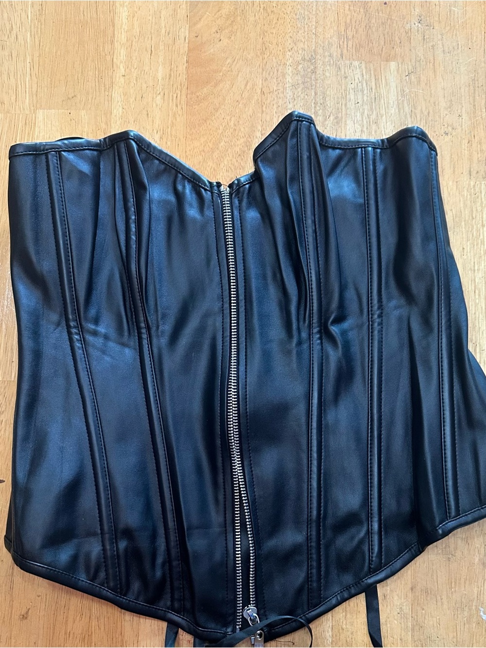 Black Faux Leather Strapless Corset Bustier with Front Zip